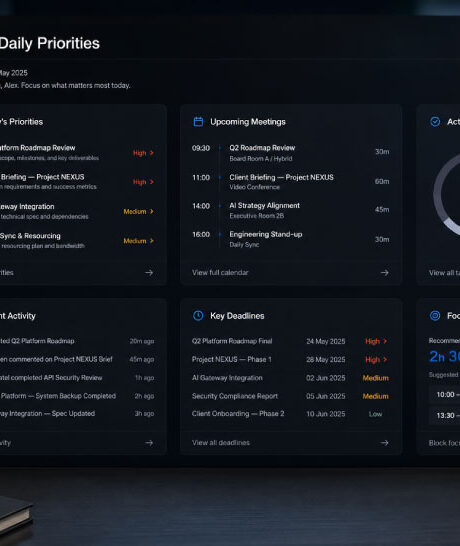 NEXUSS Digital Coworker daily priorities dashboard with tasks, meetings, deadlines and focus time