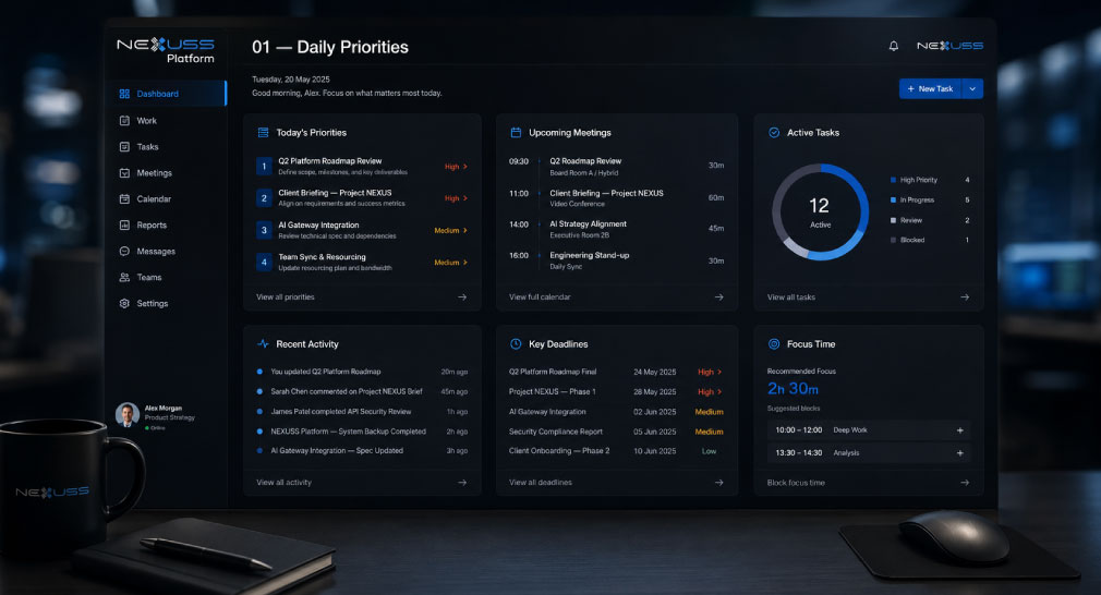NEXUSS Digital Coworker daily priorities dashboard with tasks, meetings, deadlines and focus time