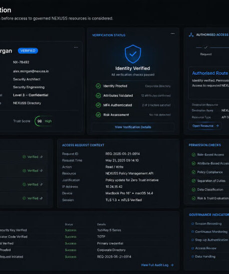 NEXUSS Trust Layer identity verification dashboard with authentication, permissions, entitlements and authorised access