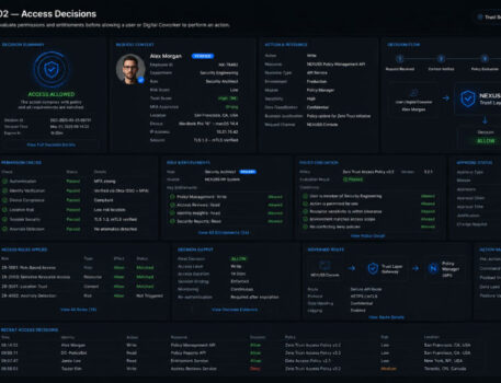 NEXUSS Trust Layer access decisions dashboard evaluating permissions, entitlements, policy and authorised actions