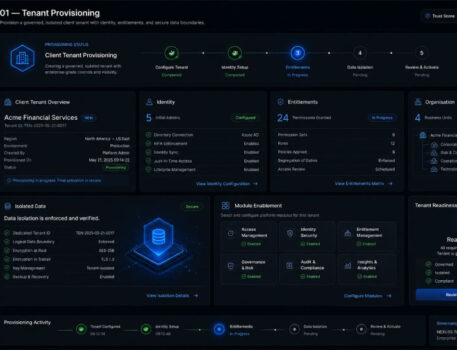 NEXUSS tenant provisioning dashboard with identity, entitlements, isolated data, organisational structure and module access