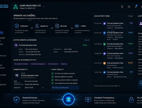NEXUSS Audited Operate-As dashboard showing authorised 15 Group operator activity with full client visibility and audit records