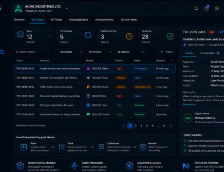 NEXUSS Embedded Support dashboard with shared ticketing across modules, support status, activity and client visibility