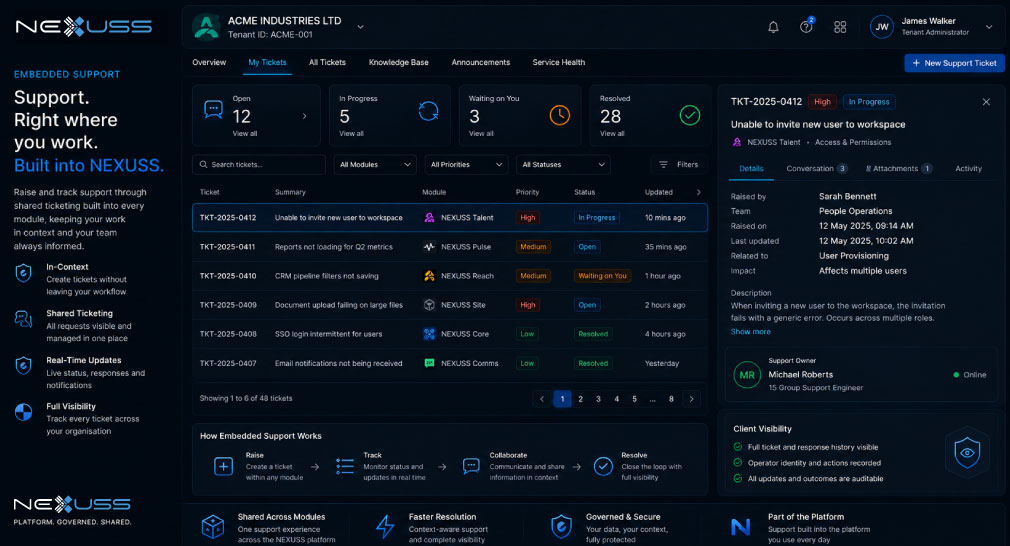 NEXUSS Embedded Support dashboard with shared ticketing across modules, support status, activity and client visibility