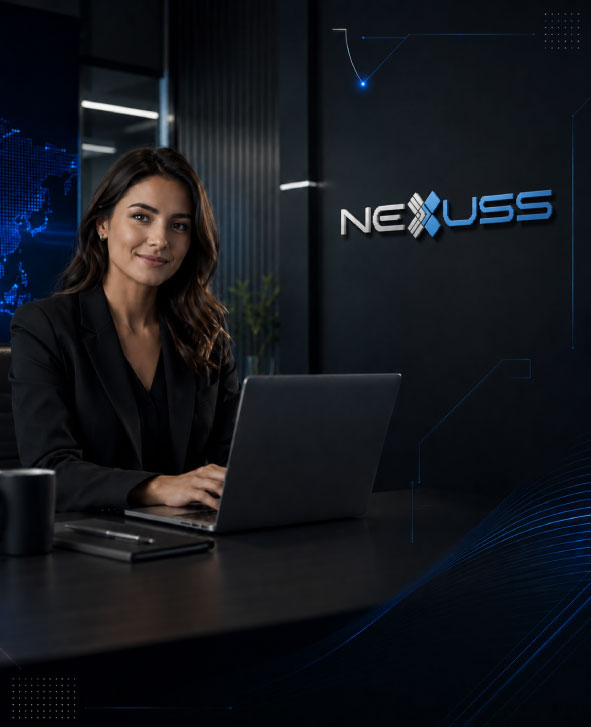 NEXUSS contact page image with businesswoman in a modern office and NEXUSS logo on the wall