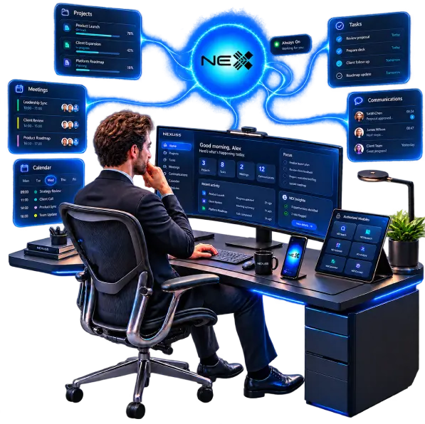 NEXUSS Digital Coworker supporting a businesswoman across tasks, meetings, communications and project activity