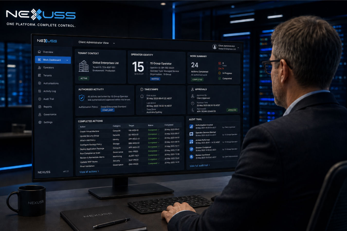 NEXUSS managed service showing authorised 15 Group operator activity with client visibility and audit records