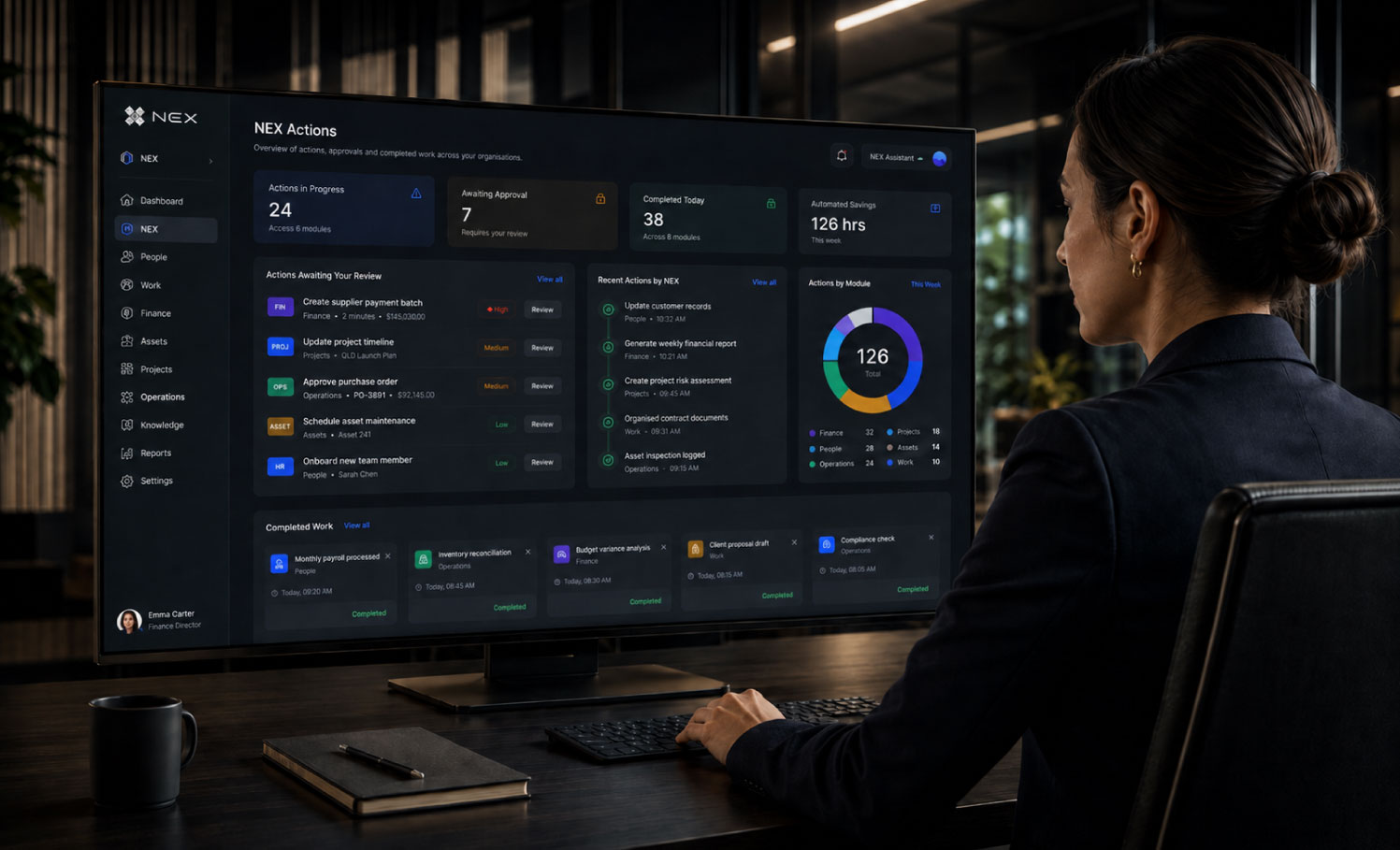 NEX agentic AI performing enterprise actions across NEXUSS modules