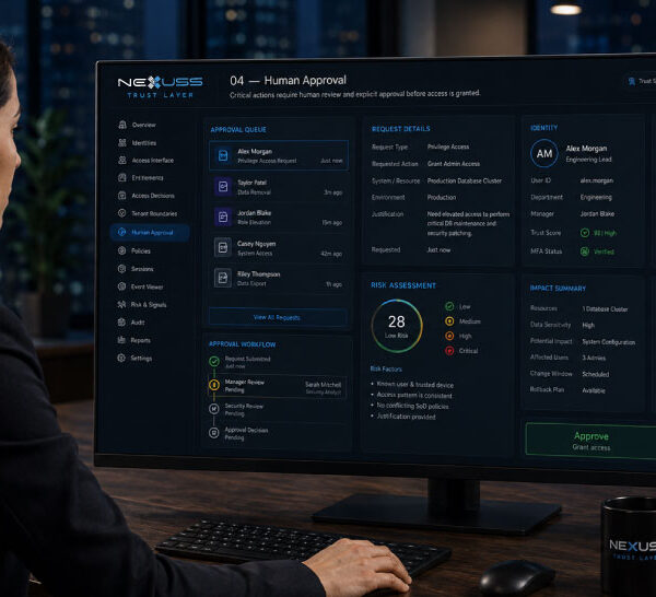 Female business user reviewing and approving an action in the NEXUSS Trust Layer dashboard