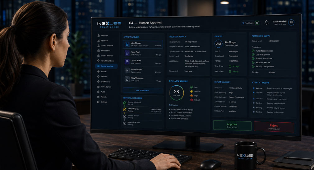 Female business user reviewing and approving an action in the NEXUSS Trust Layer dashboard