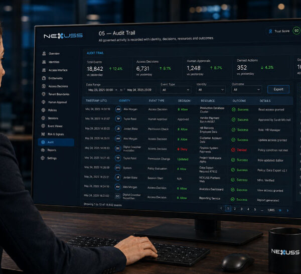 NEXUSS Trust Layer audit trail showing recorded user and Digital Coworker actions with identity, permissions and outcomes