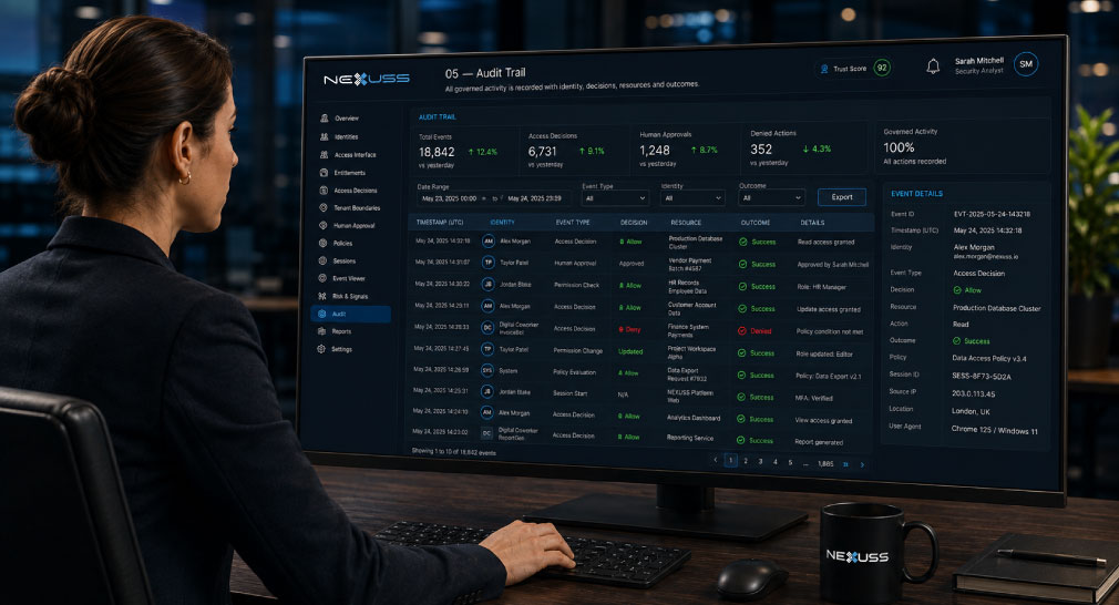 NEXUSS Trust Layer audit trail showing recorded user and Digital Coworker actions with identity, permissions and outcomes