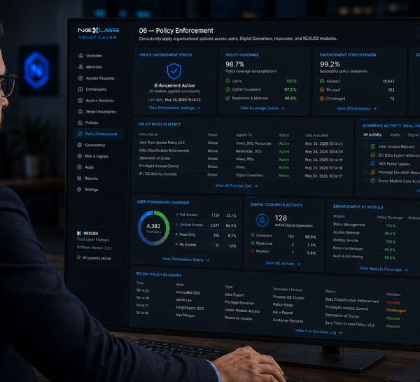 NEXUSS Trust Layer policy enforcement dashboard showing organisational controls applied across users, Digital Coworkers and platform actions