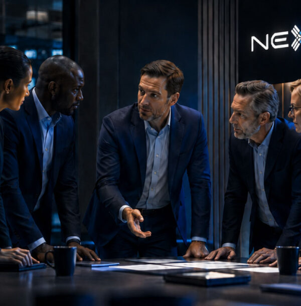 NEXUSS leadership team collaborating in a modern enterprise boardroom