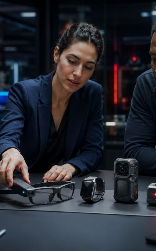 NEMOSS team reviewing connected wearable technology including smart glasses, smartwatch and sensors