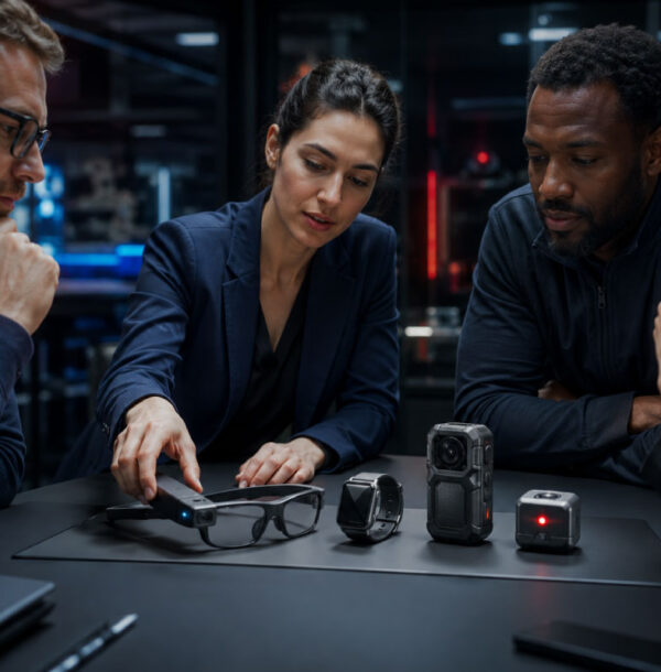 NEMOSS team reviewing connected wearable technology including smart glasses, smartwatch and sensors