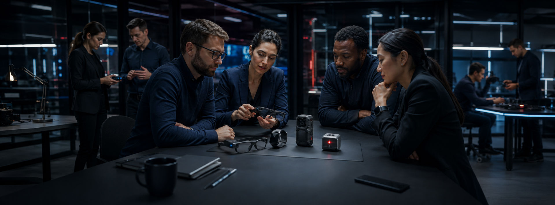 NEMOSS wearable technology team reviewing smart glasses, smartwatch and connected devices