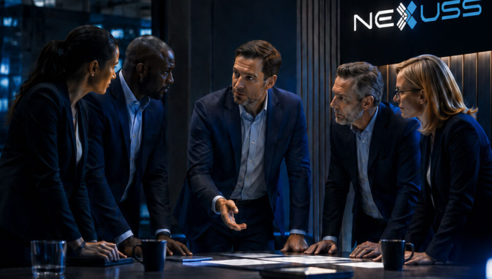NEXUSS leadership team collaborating in a modern enterprise boardroom